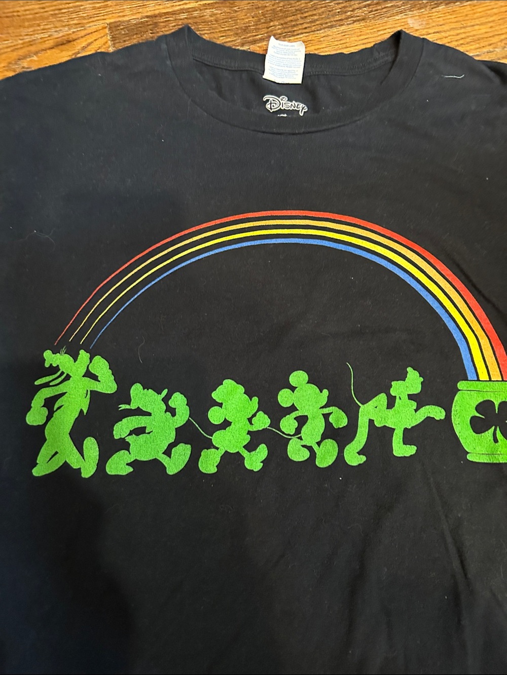 Disney Black Long Sleeve women’s Tee with Neon Green Shamrock and Rainbow - Picture 2 of 7
